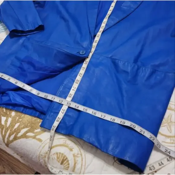 80s Retro Blue Leather Blazer Jacket Vintage Size L - Picture 11 of 16